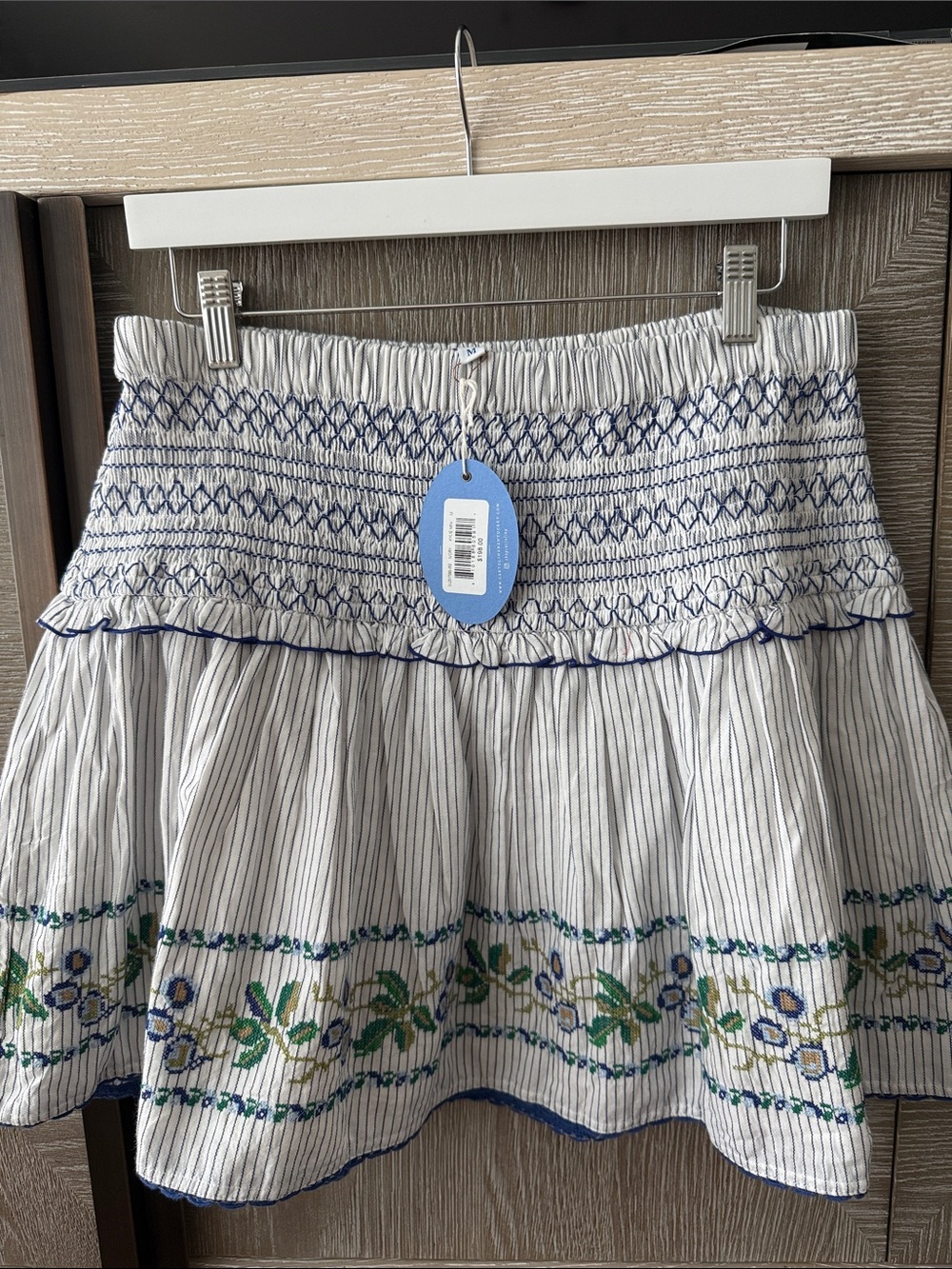 Cartolina NWT Medium Blue and white pinstripe with embroidery Kylie mini skirt